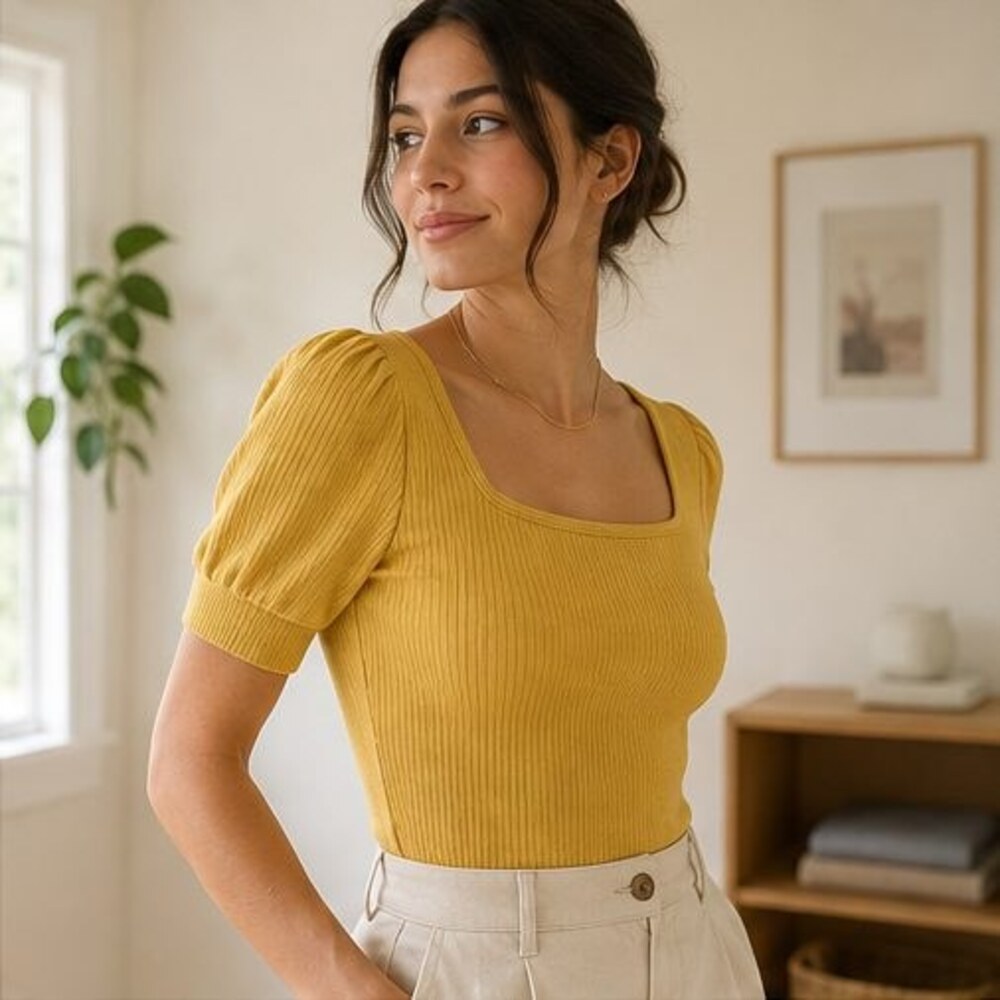 Mustard Ribbed Square Neck Top - Picture 3 of 6